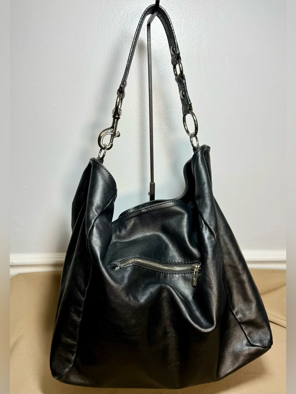 Gianni Conti Italian Black Leather Slouchy Hobo Shoulder Bag Handbag